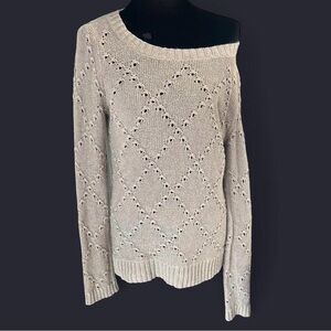 GAP Beige Open Knit Sweater Small Off Shoulder Slouchy Diamond Pattern Cozy